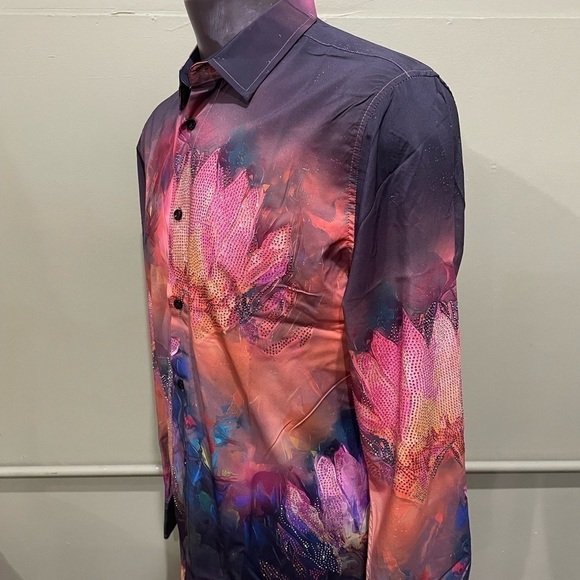 Deniko shirt button front casual black multi color rhinestones modern fit - Picture 2 of 4